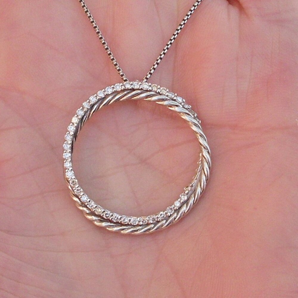Retired David Yurman Crossover Diamond Pendant w/Attached DY Chain - 14K/925